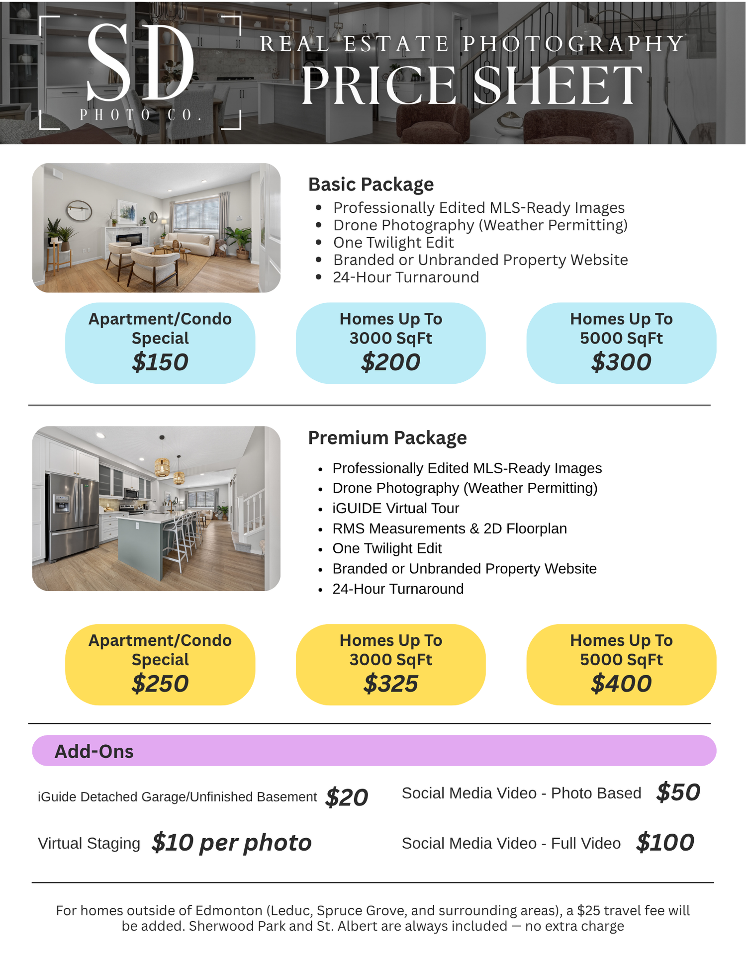 Real estate photography pricing sheet showing packages and rates for professional property photos and services.