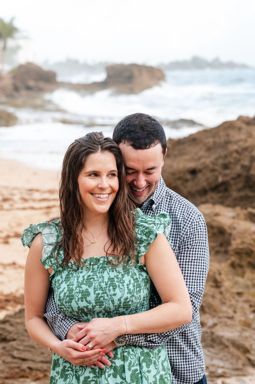 Close up portrait of couple during engagement session in Condado Beach Puerto Rico