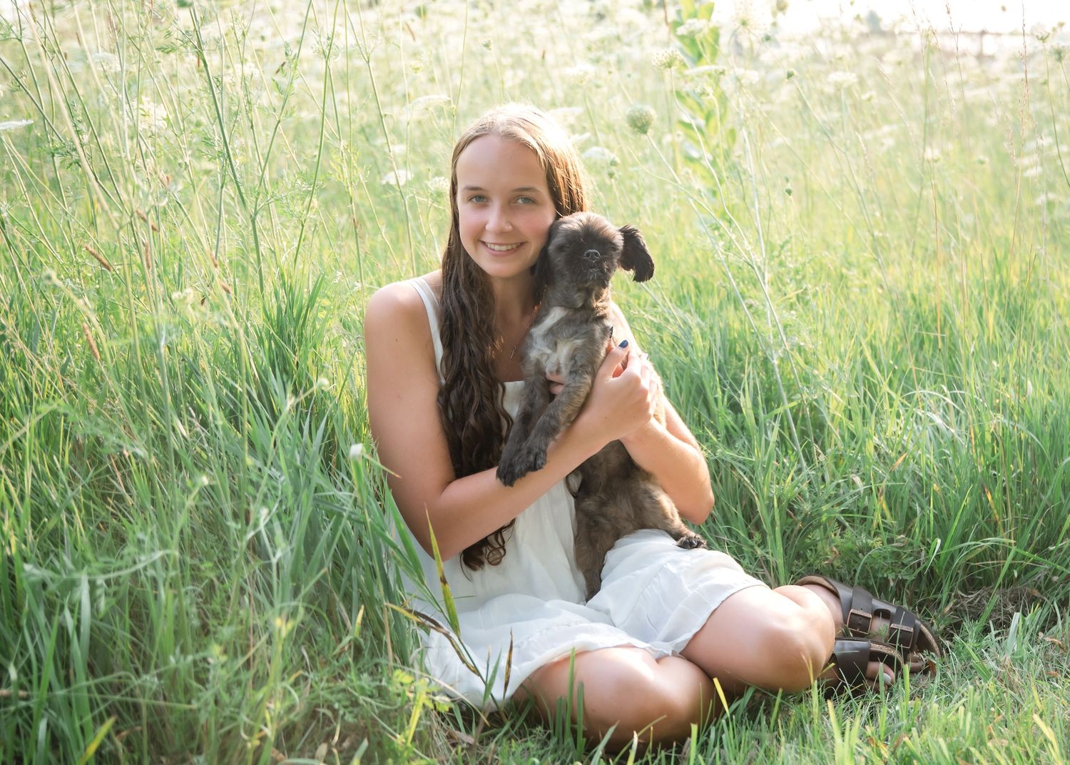 A person sitting in tall grass holding a small brown and black dog on a sunny summer day.