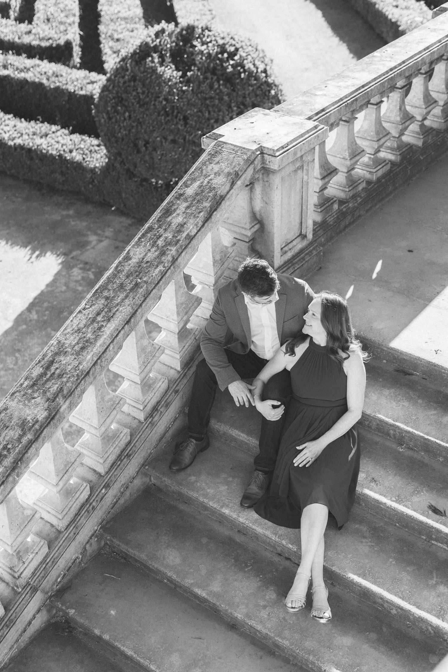 Couple on stairs Vandelli Botanical Garden Lisbon engagement session