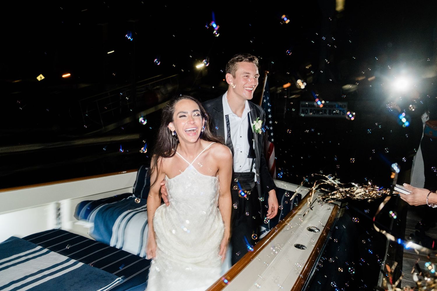 A sequence of candid wedding reception photos showing dancing and celebration on a dark dance floor with bright lights.