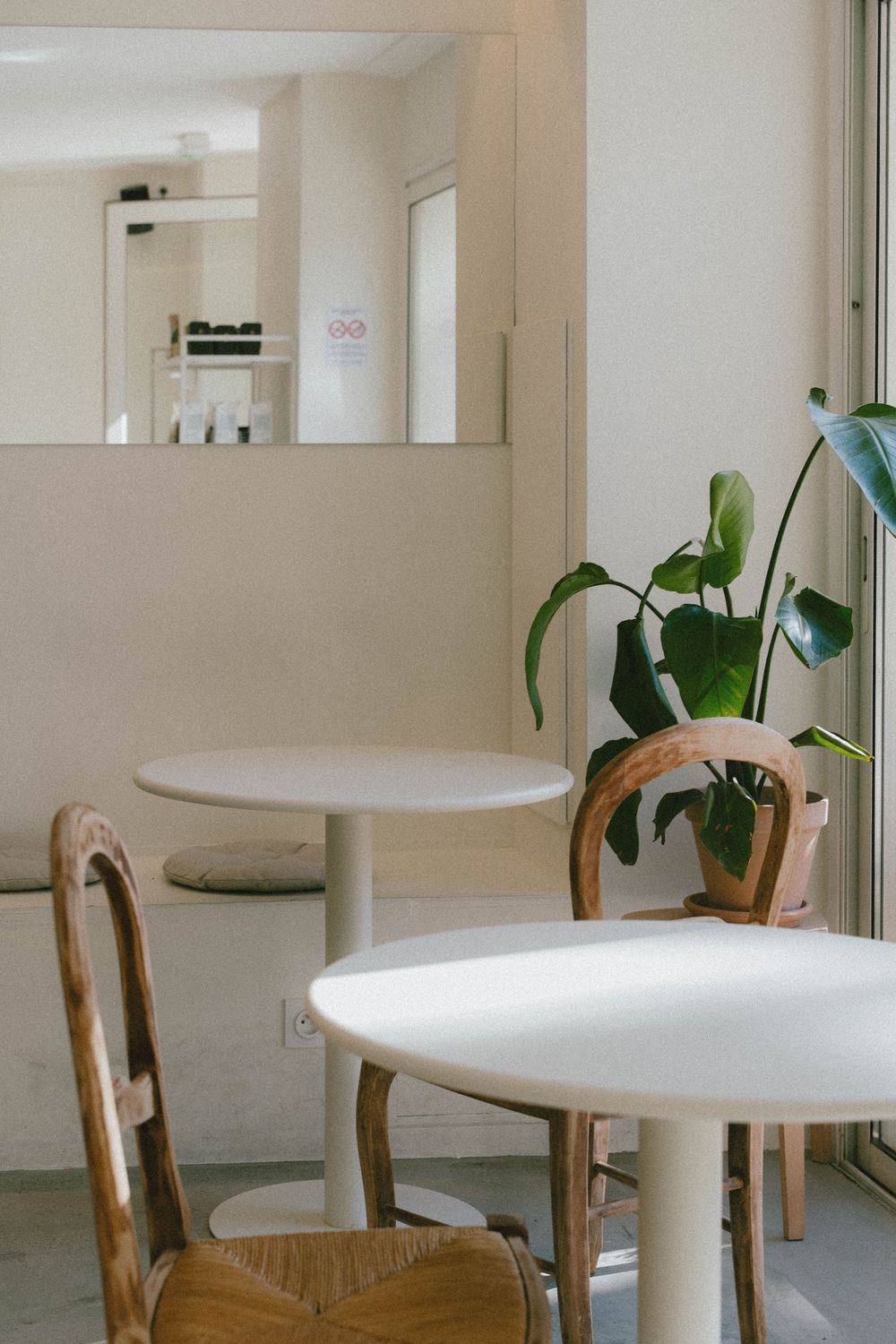 Intérieur de café minimaliste avec des tables rondes blanches, des chaises en bois et une plante tropicale verte près d'une fenêtre