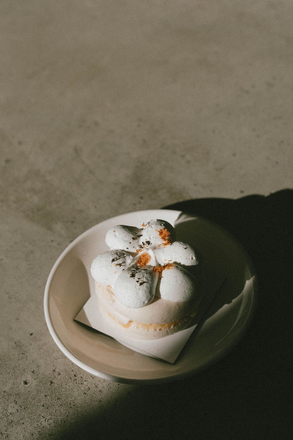 Elegant white macaron dessert with meringue topping on a ceramic plate, dusted with orange zest in natural sunlight.