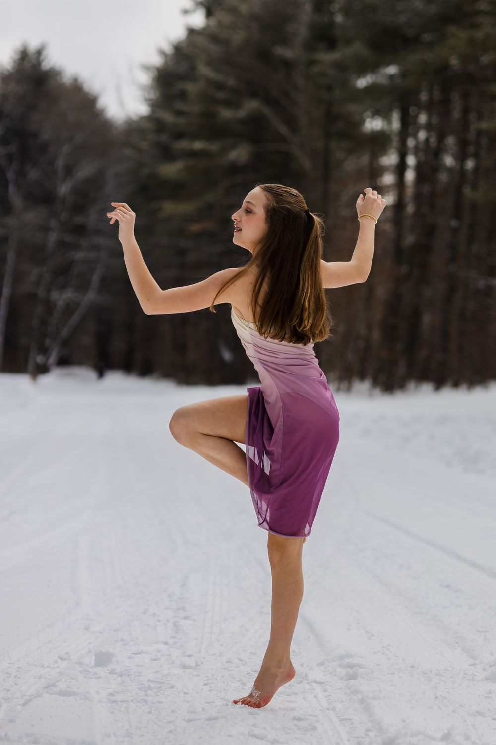 Dancer performs graceful pose sequence in snowy winter landscape wearing purple top.