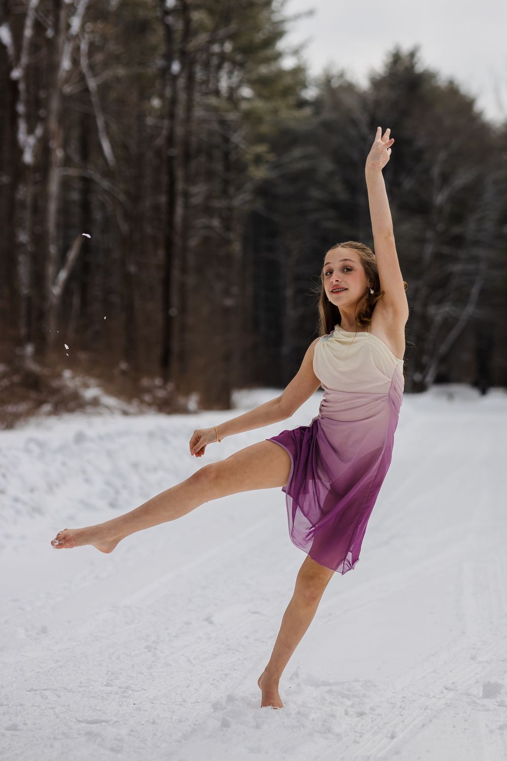 A dancer in a purple dress performs graceful movements in a snowy winter forest setting.