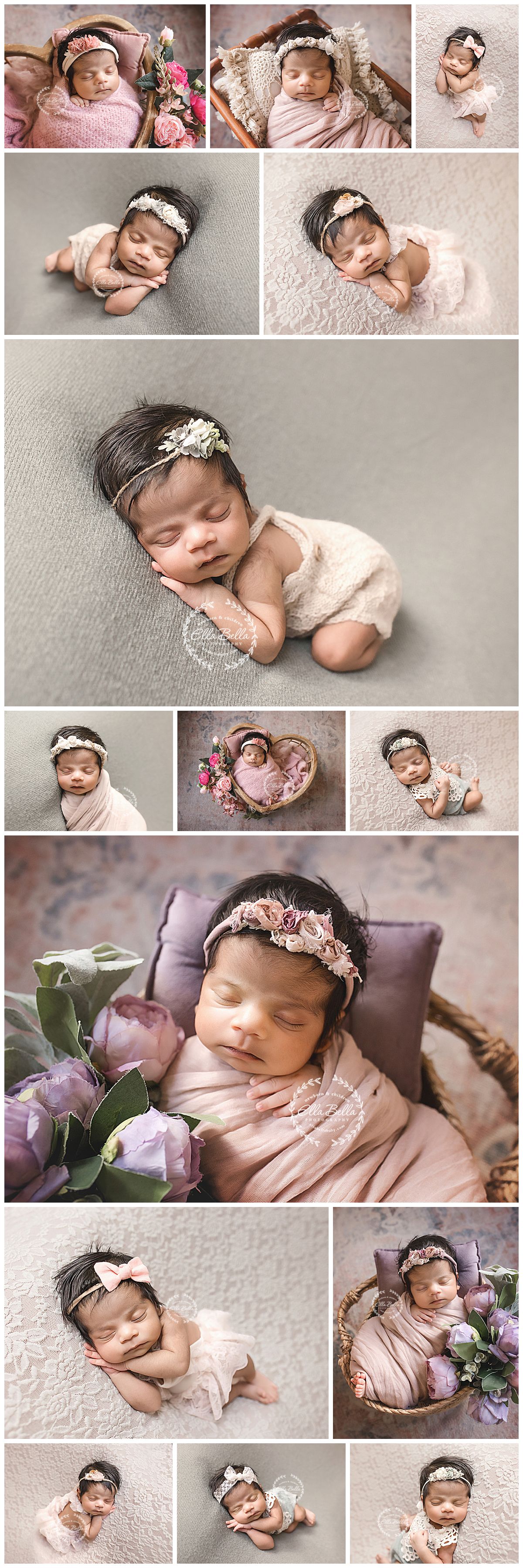 Newborn baby girl in pink wraps and floral headbands posed in various sleeping positions for a professional photo session.
