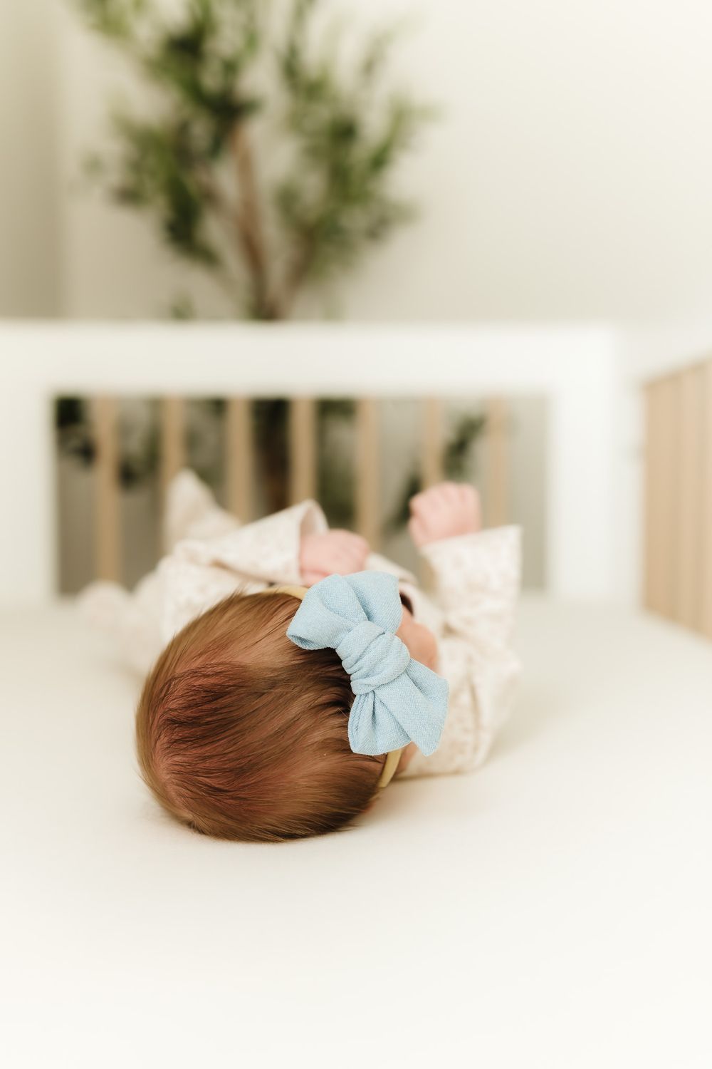 A pastel blue bow hair accessory shown from multiple angles against a white background with greenery.