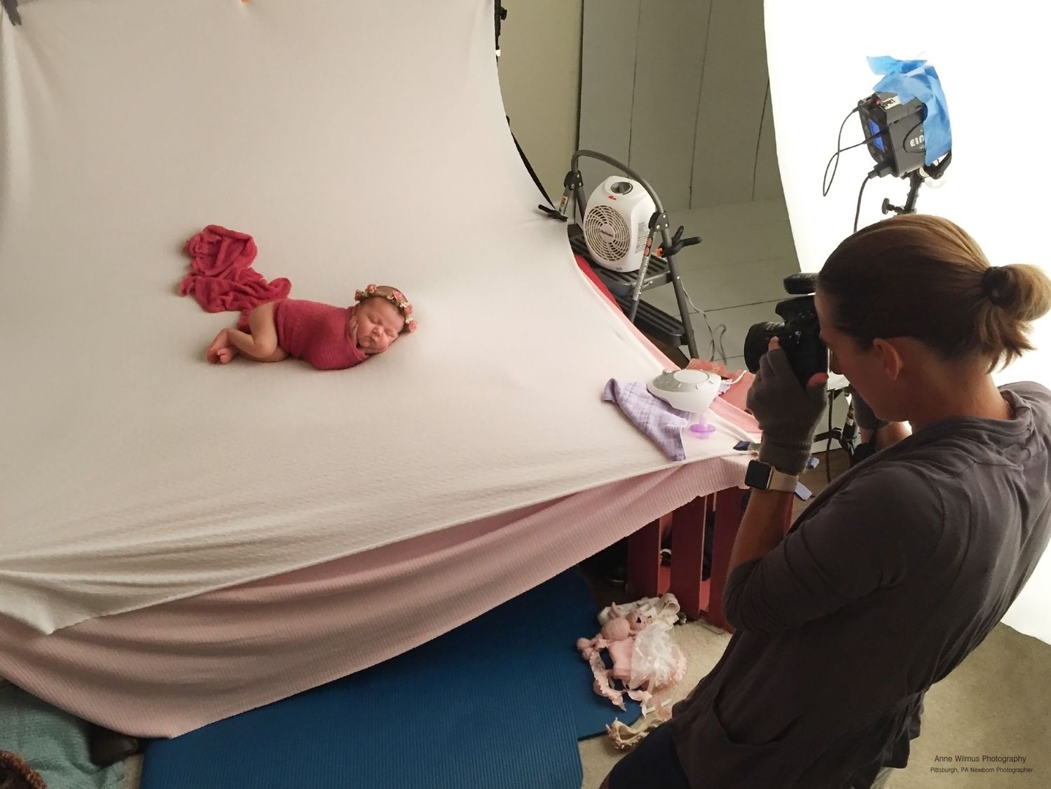 A series of photos showing a professional photo shoot setup with white fabric backdrop and lighting equipment.