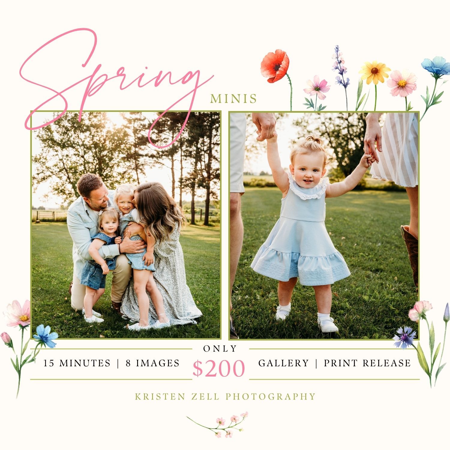Spring mini photography session promo showing family and toddler girl outdoors.