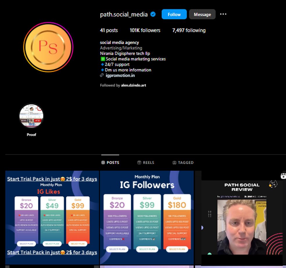 Dark mode Instagram profile page showing social proof pricing packages and follower stats.