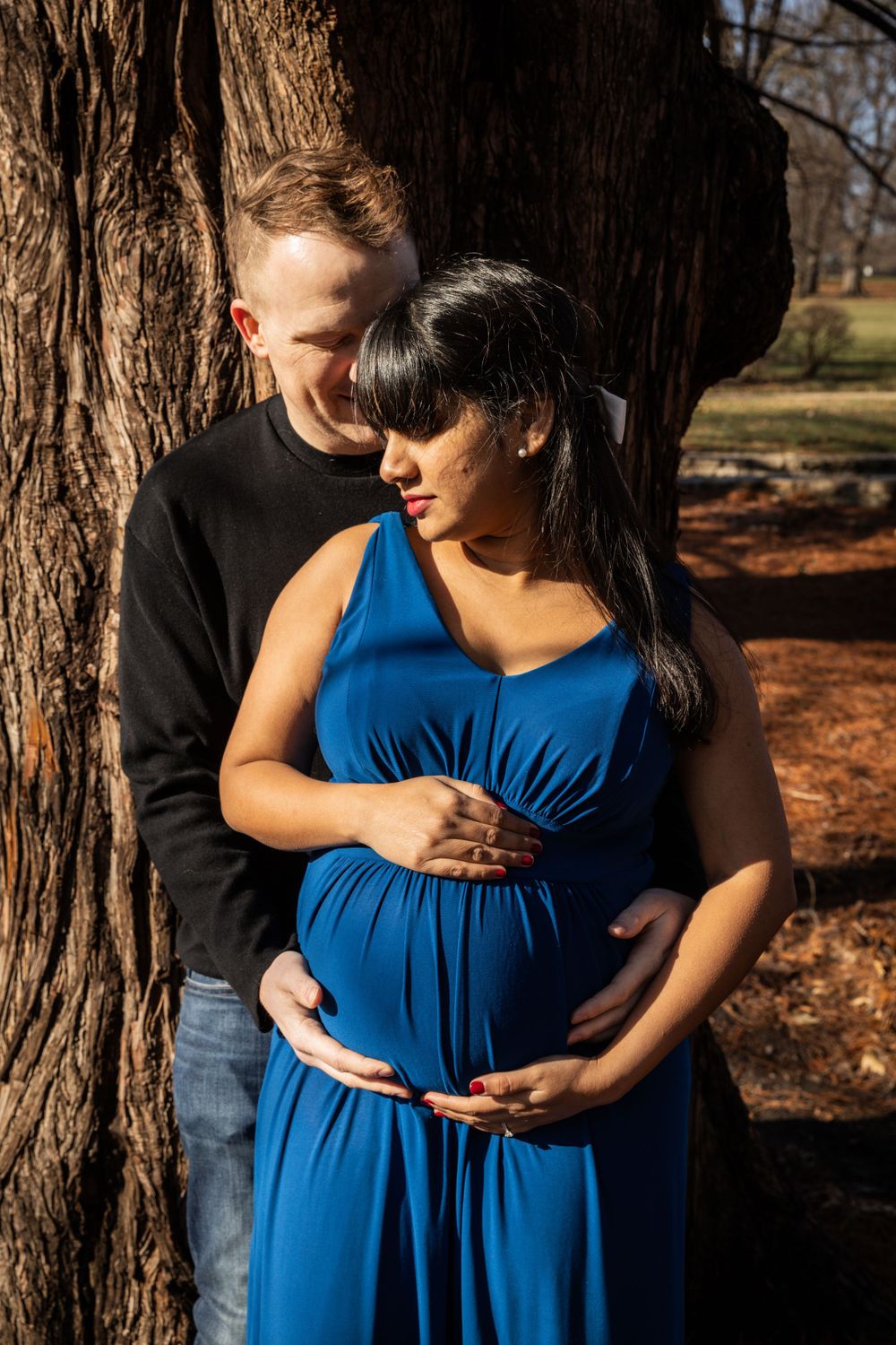 Intimate maternity portraits of couple among trees with dramatic lighting.