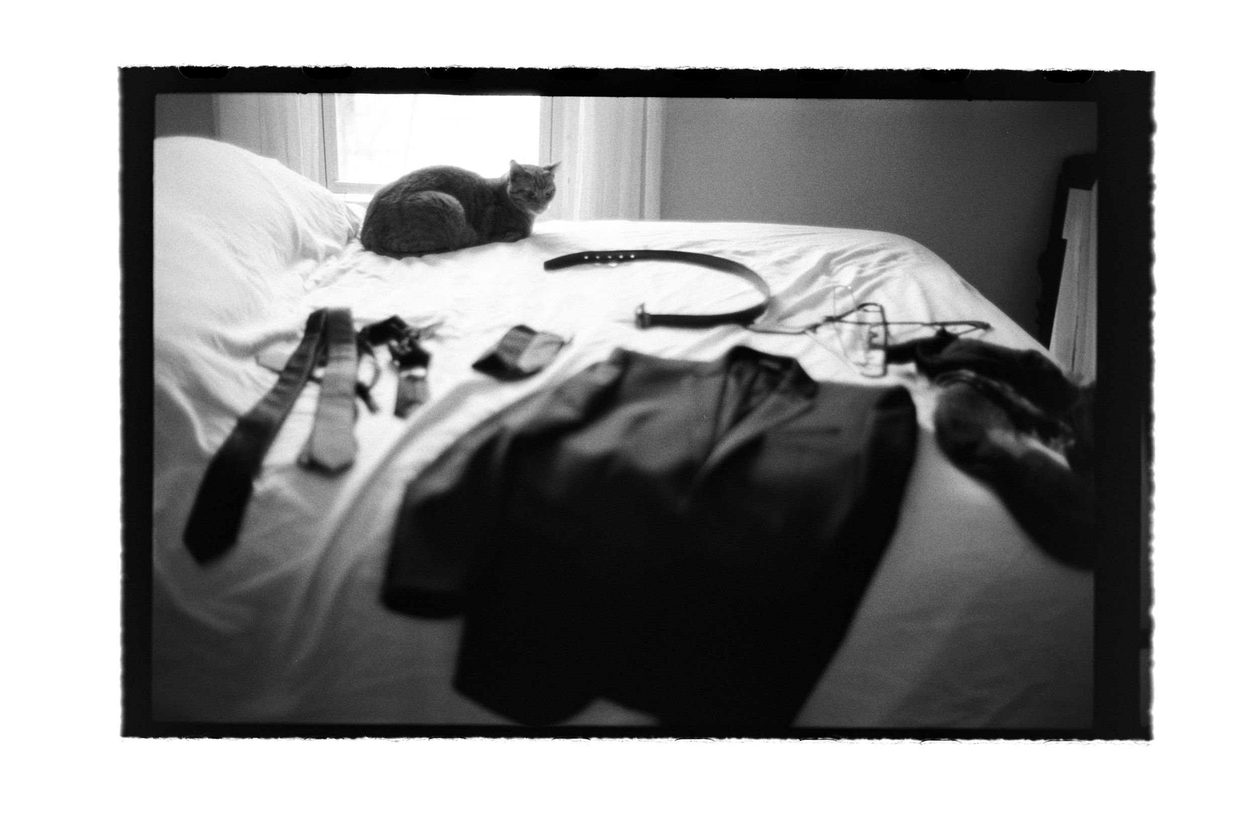 Black and white film photo of a cat resting on a bed surrounded by scattered clothing and accessories.