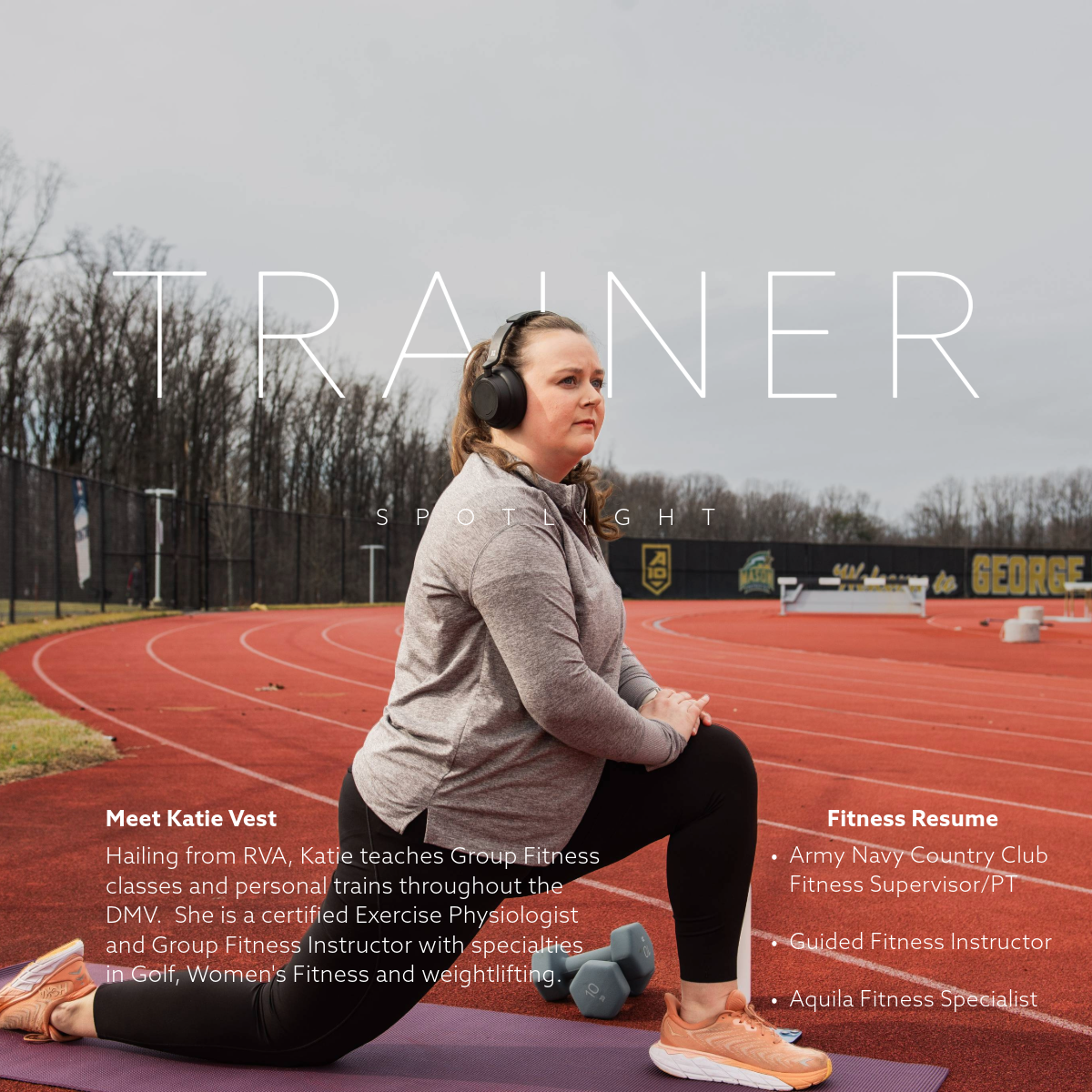 Runner stretching on track field with TRAINER text overlay.