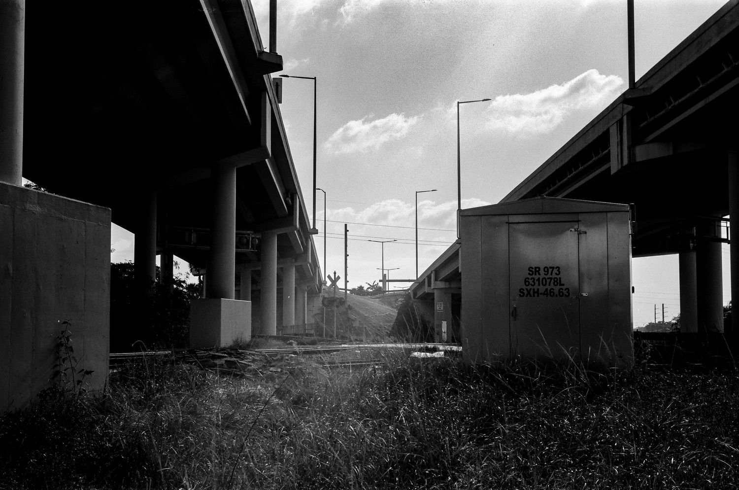 Black and white urban landscape with highway overpass and street lamps against cloudy sky.