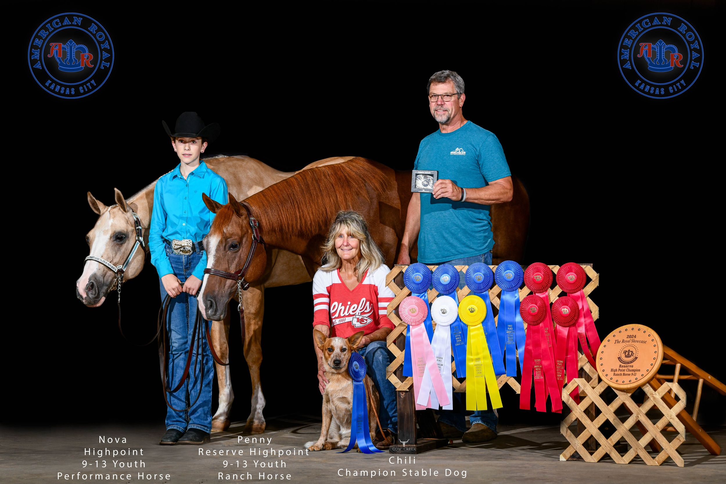 Horse show awards ceremony with colorful ribbons and trophies against black backdrop.