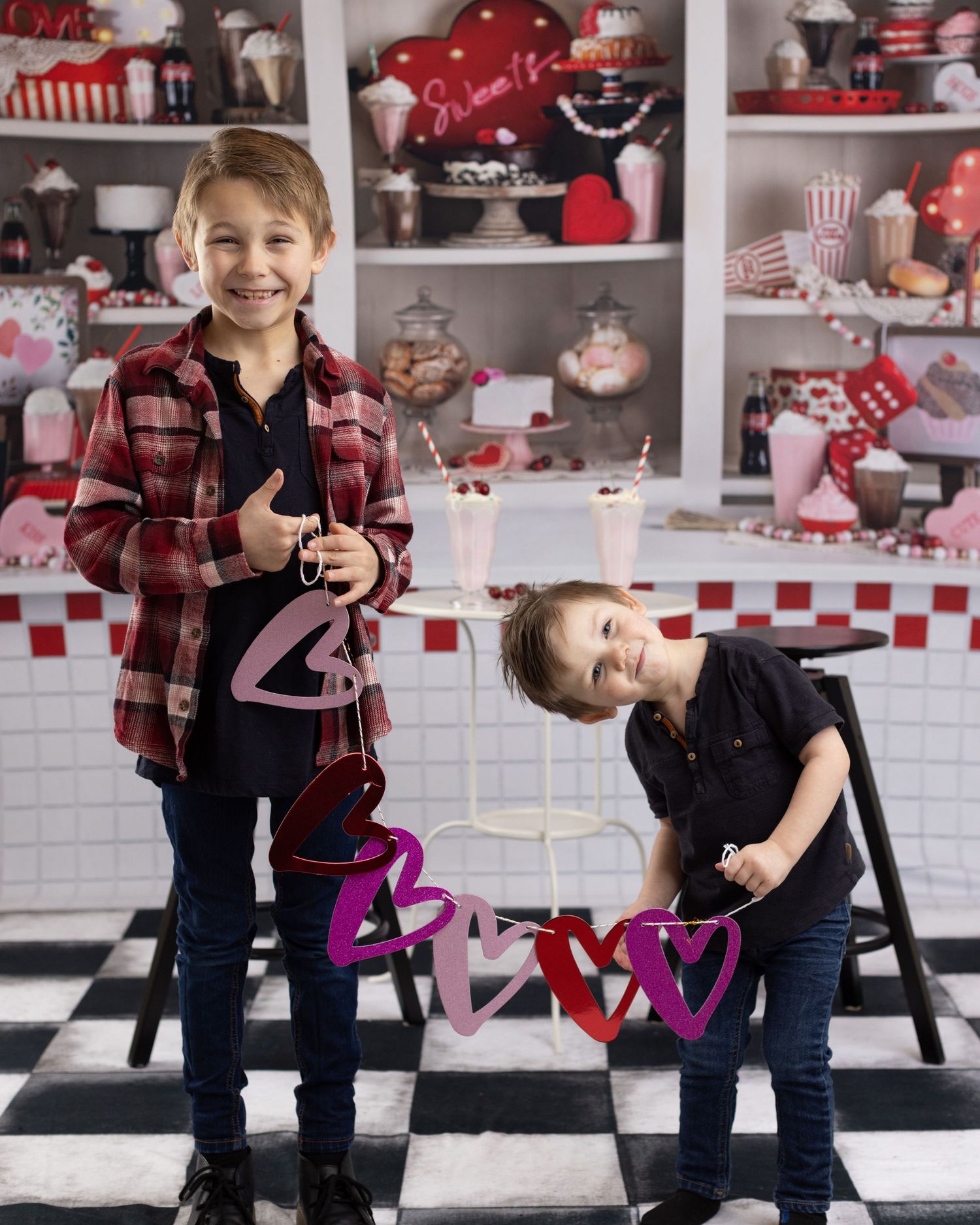 A playful series of photos in a retro diner setting with red and white checkered decor and Coca-Cola themed elements.