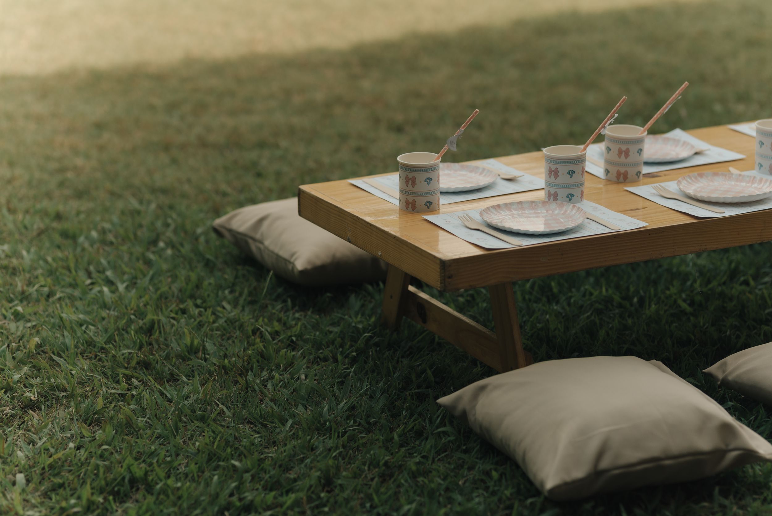 A rustic outdoor dining setup with wooden tables and cushions arranged on lush green grass for picnic-style seating.