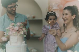 A series of candid moments at a baby shower celebration showing guests enjoying cake and refreshments.