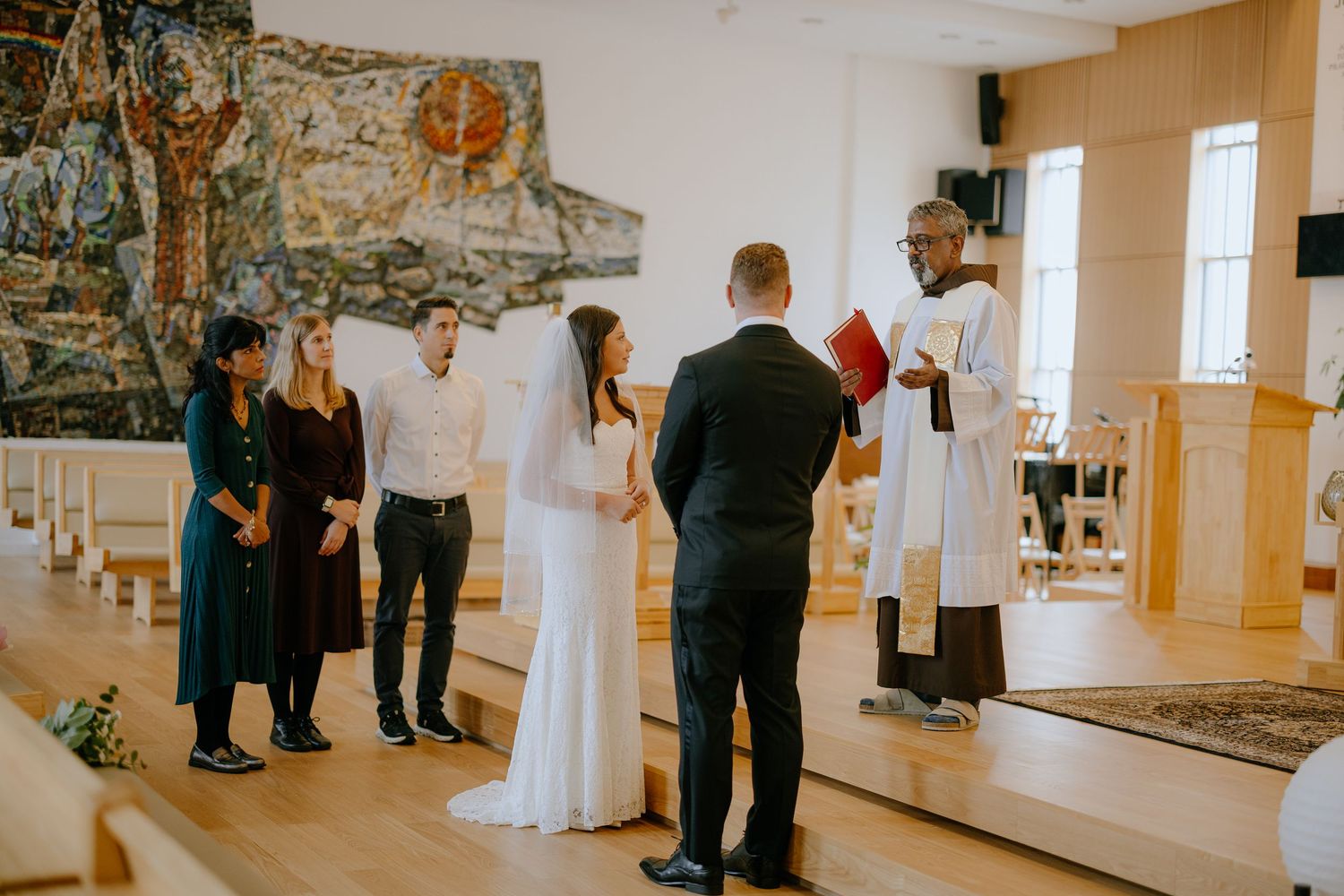 A series of candid moments at a wedding venue showing guests and couples in formal attire interacting in a bright space.