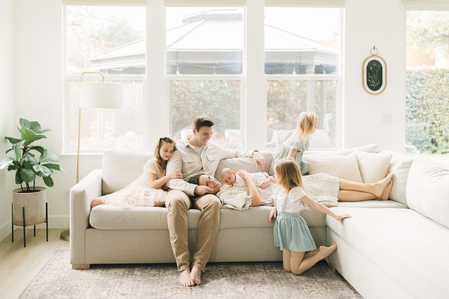 A series of lifestyle photos showing people relaxing on light colored sofas in bright, modern living room settings.