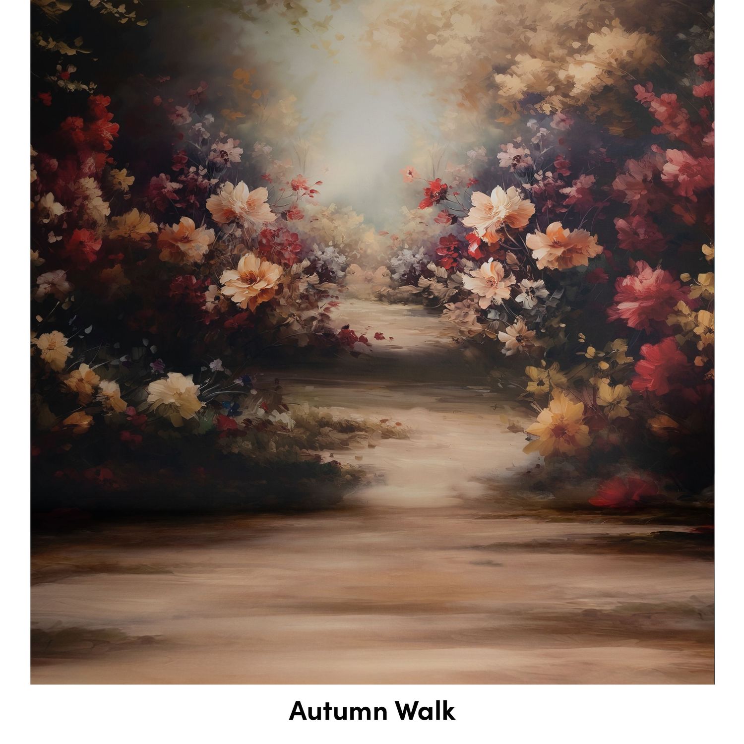 Dreamy autumn path through misty forest with pink and orange flowers blooming along a soft ethereal walkway.