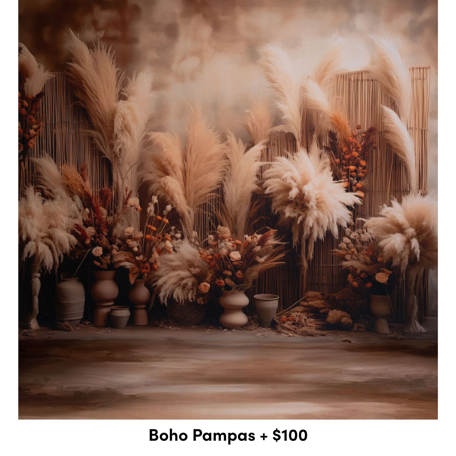 Rustic boho wedding backdrop with pampas grass and potted plants in warm sepia tones creating an ethereal atmosphere.