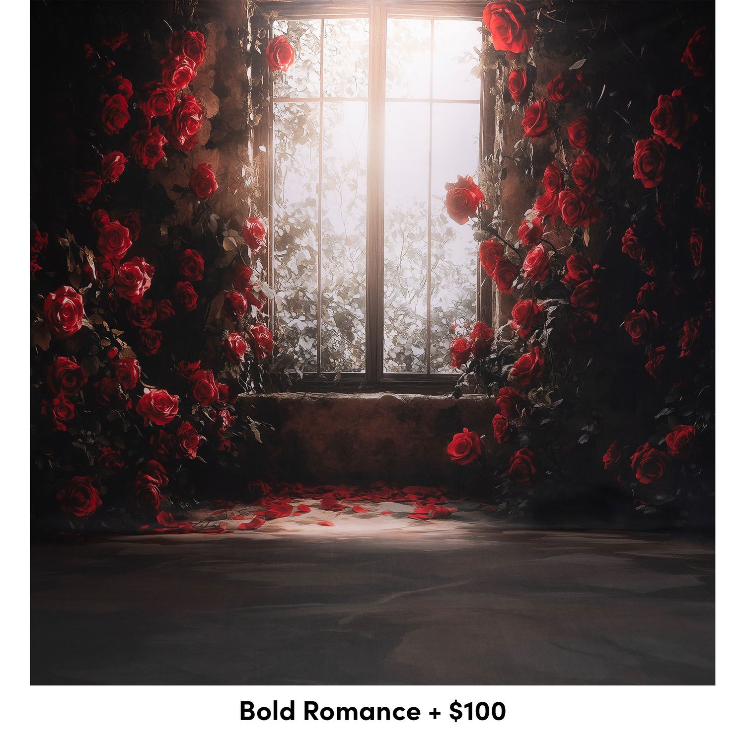 Dramatic indoor scene with dark walls adorned by vibrant red roses surrounding windows with natural light streaming in.