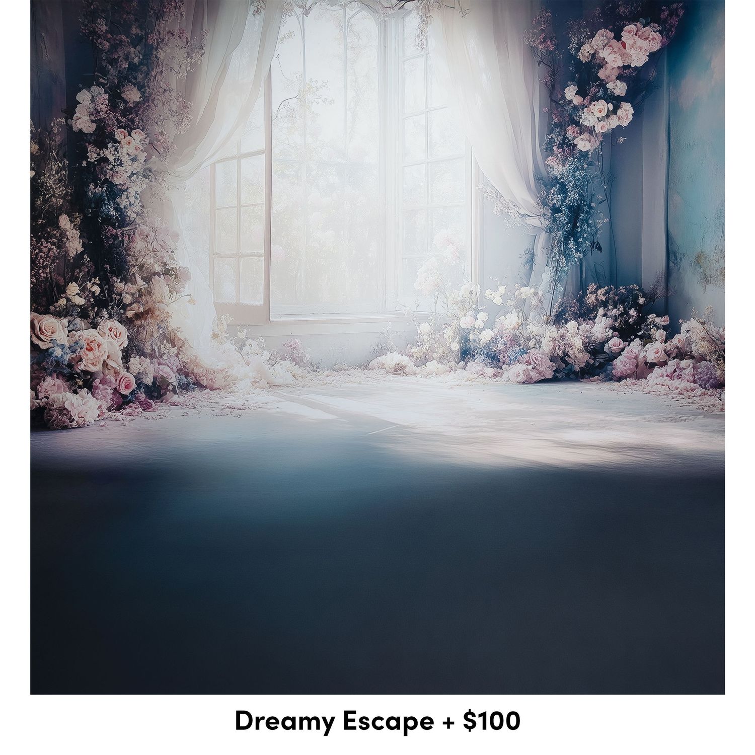 Dreamy photography backdrop with soft window light, white curtains and pink floral arrangements creating ethereal atmosphere.