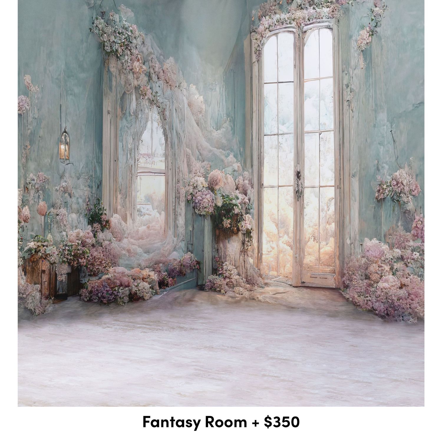 Ethereal photography backdrop featuring a dreamy room with distressed blue walls, tall windows, and scattered pink flowers.