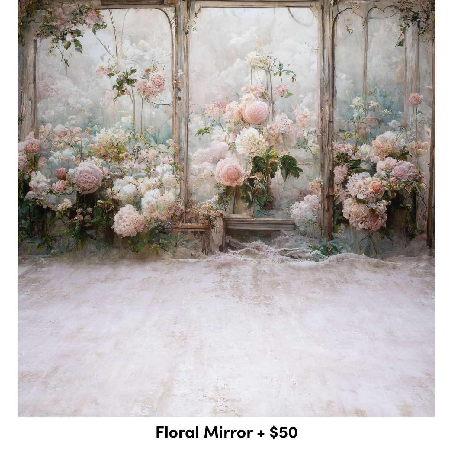 Romantic garden scene with pink roses climbing on vintage arched windows and stone walls in soft pastel tones.