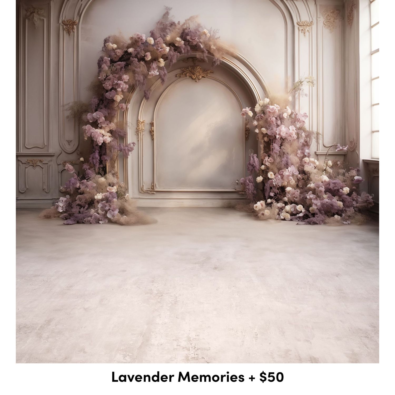 Elegant archway decorated with soft pink and lavender floral arrangements against a light cream interior backdrop.