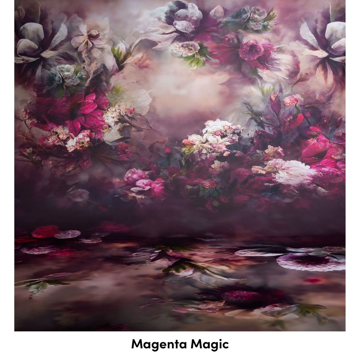 Dreamy floral landscape with magenta flowers and reflective water surface under a moody purple and pink sky.