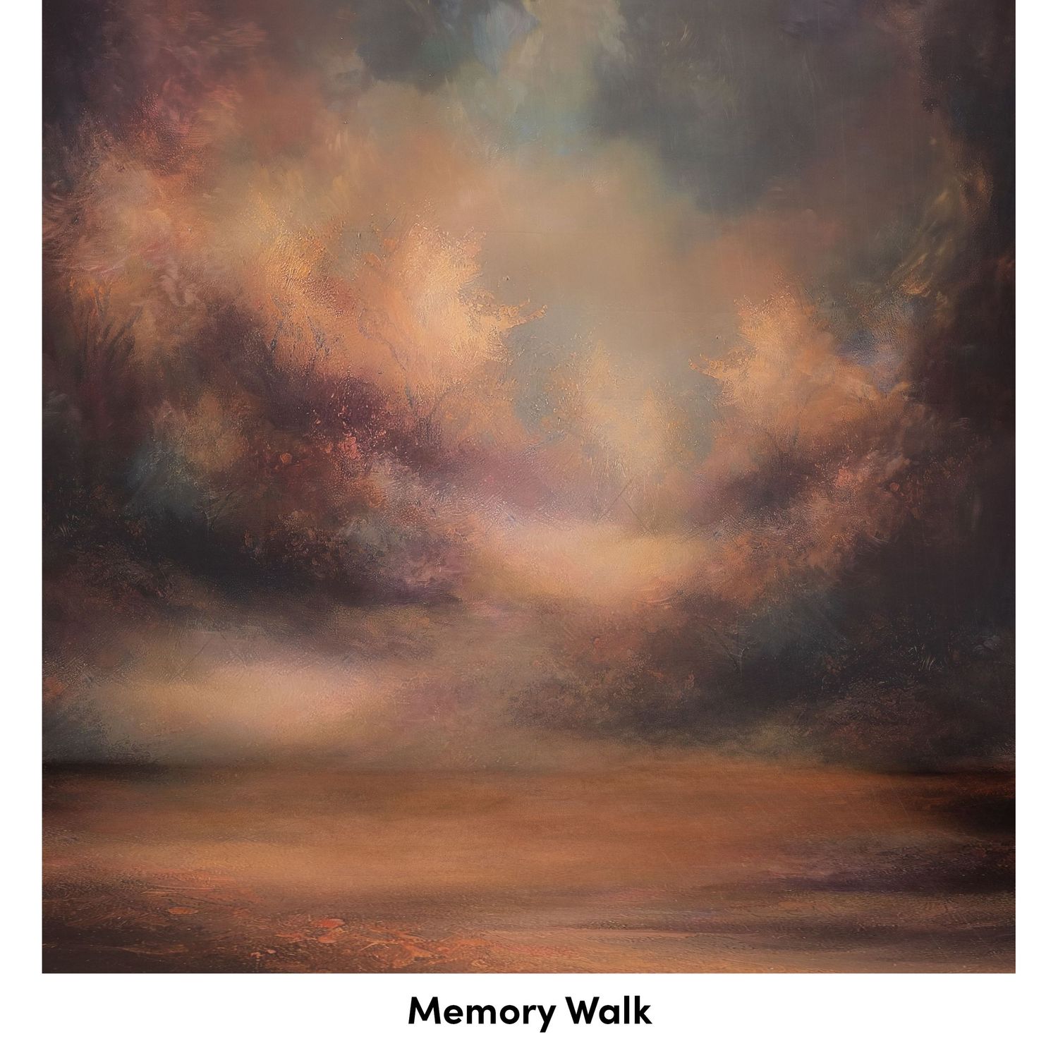 Atmospheric landscape painting with moody orange and brown clouds reflecting on a tranquil horizon at dusk.