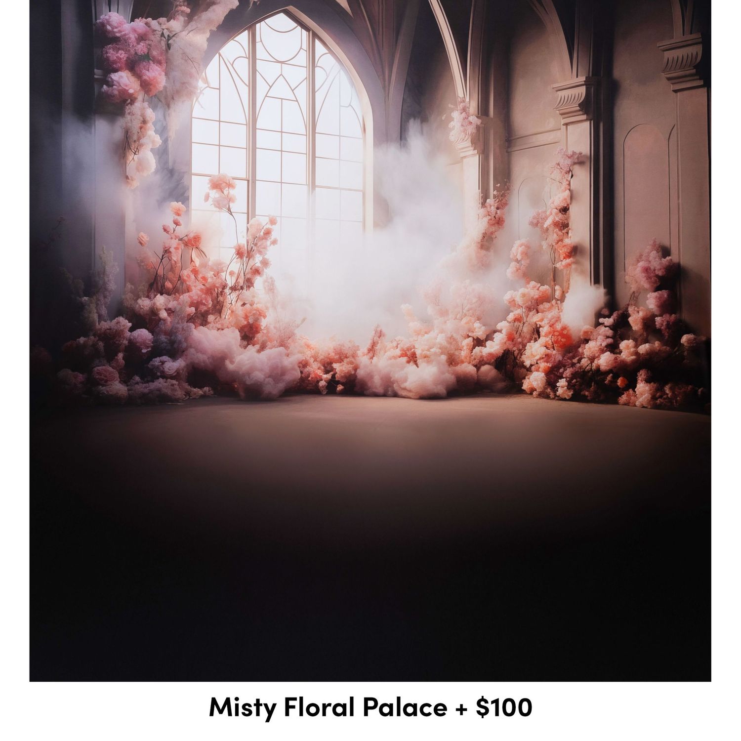 Ethereal church interior with pink smoke and flowers surrounding a gothic arched window in dreamy lighting.
