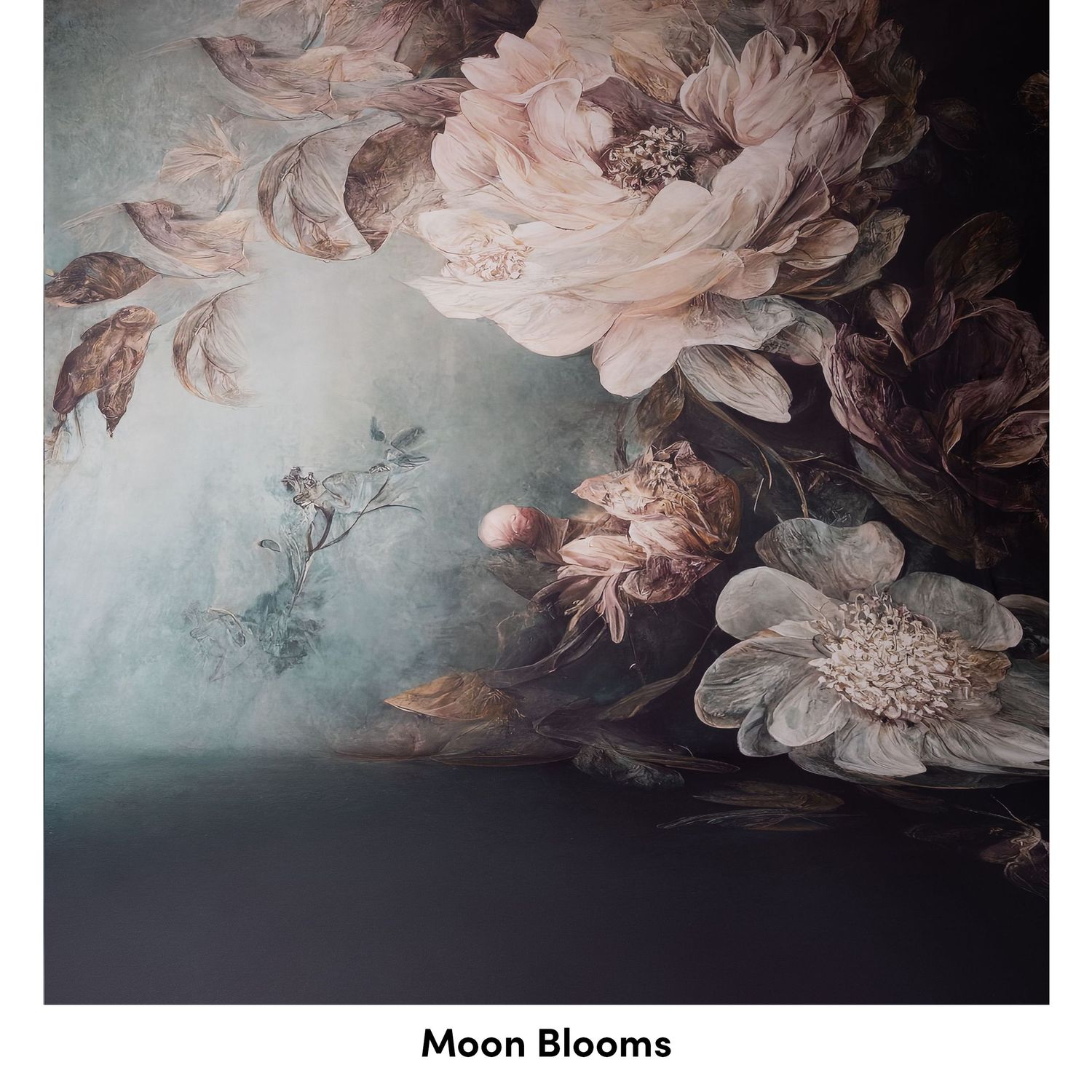 Vintage-style floral art with moody pink and cream blooms against a dark misty background titled Moon Blooms.