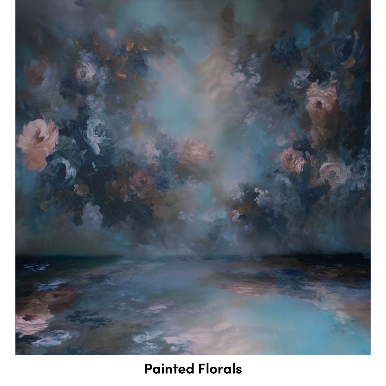 Abstract floral artwork featuring swirling blues and pinks with ethereal cloud-like forms against a dark background.