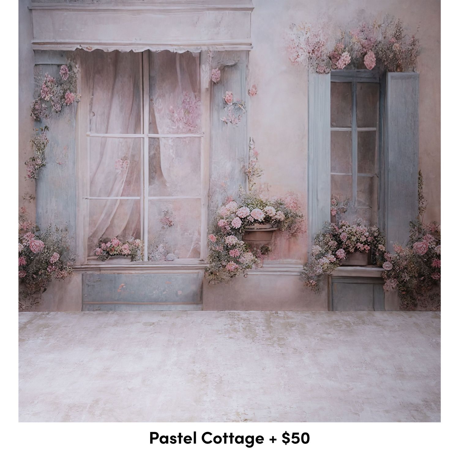 Dreamy pink cottage interior with lace curtains, floral arrangements, and vintage-style windows creating a romantic atmosphere.