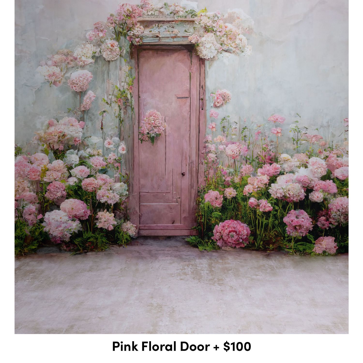 Dreamy pink floral door scene with delicate lace curtains and climbing roses creating a romantic vintage atmosphere.