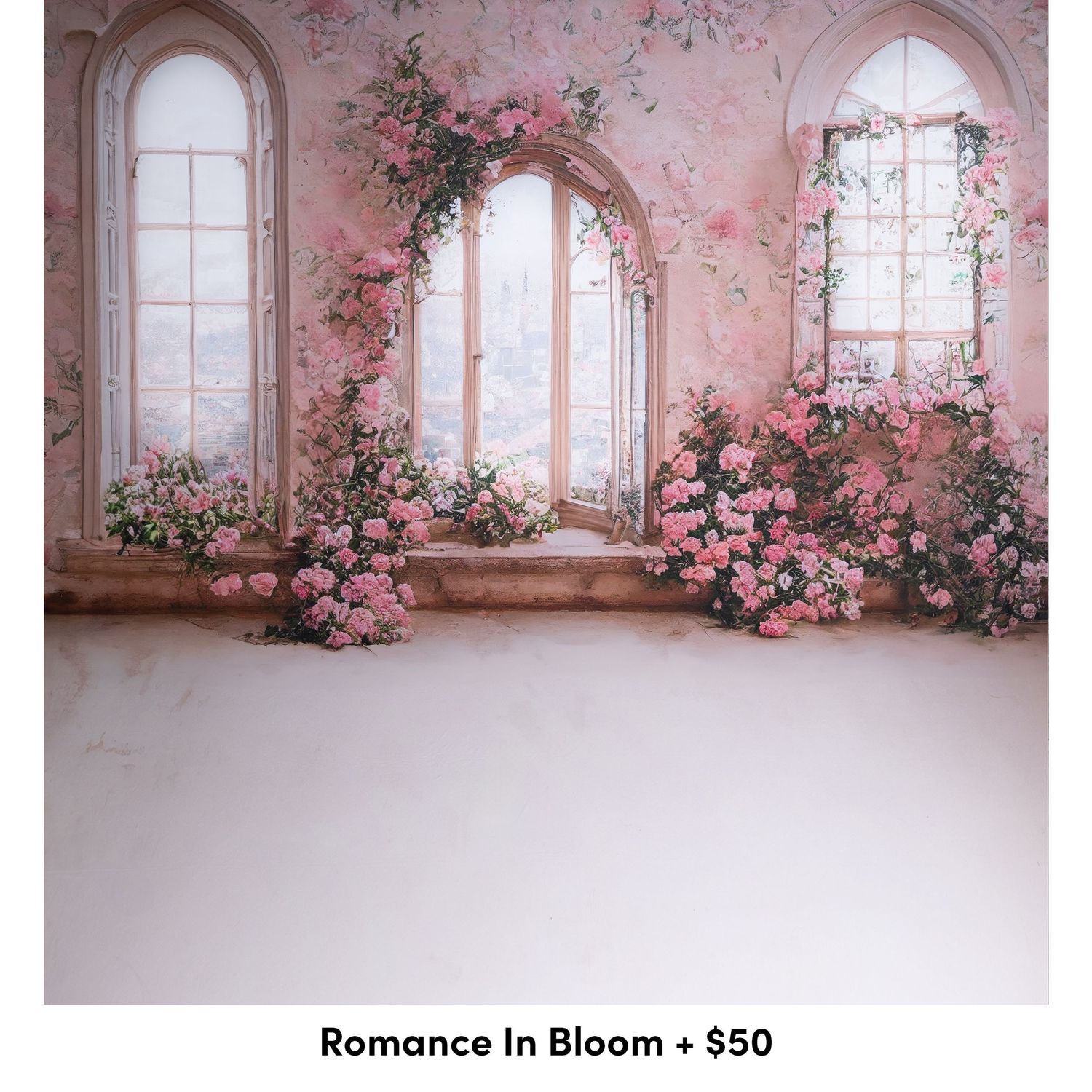 Elegant pink floral photography backdrop with arched windows and romantic roses climbing along pale interior walls.
