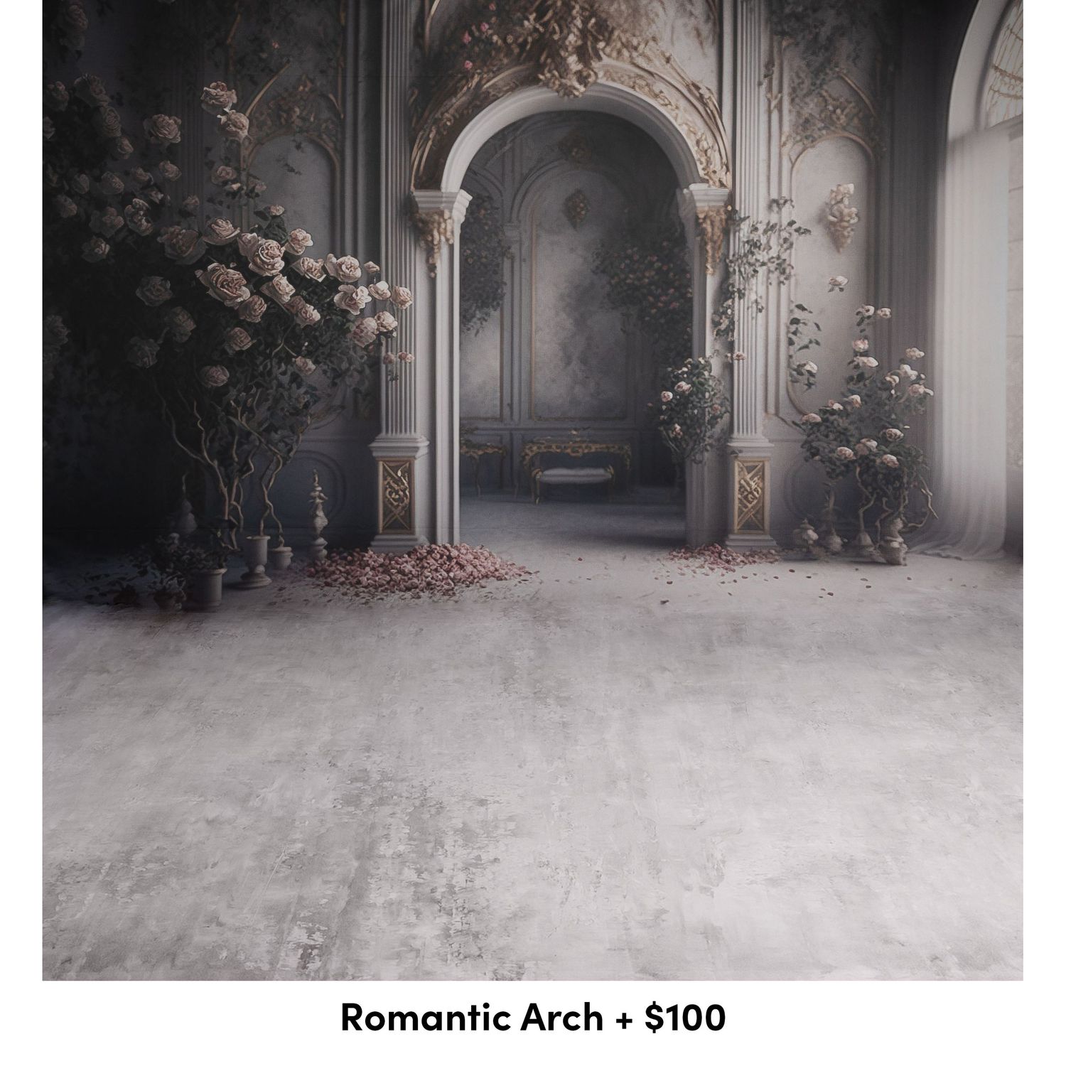 Dark and moody photography backdrop featuring gothic arches and climbing roses in a dramatic setting.