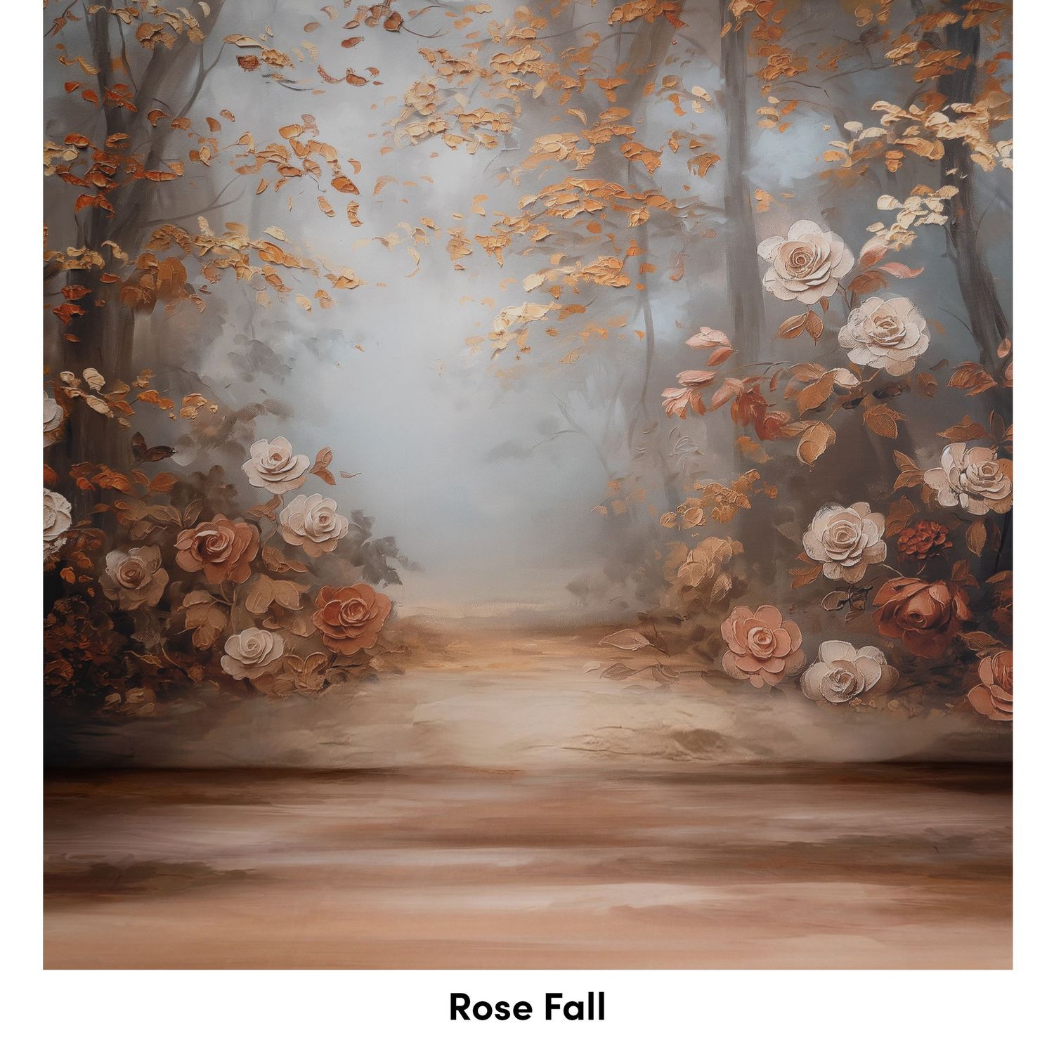 Dreamy autumn scene with pink roses and orange leaves framing a misty forest path in soft, ethereal lighting.