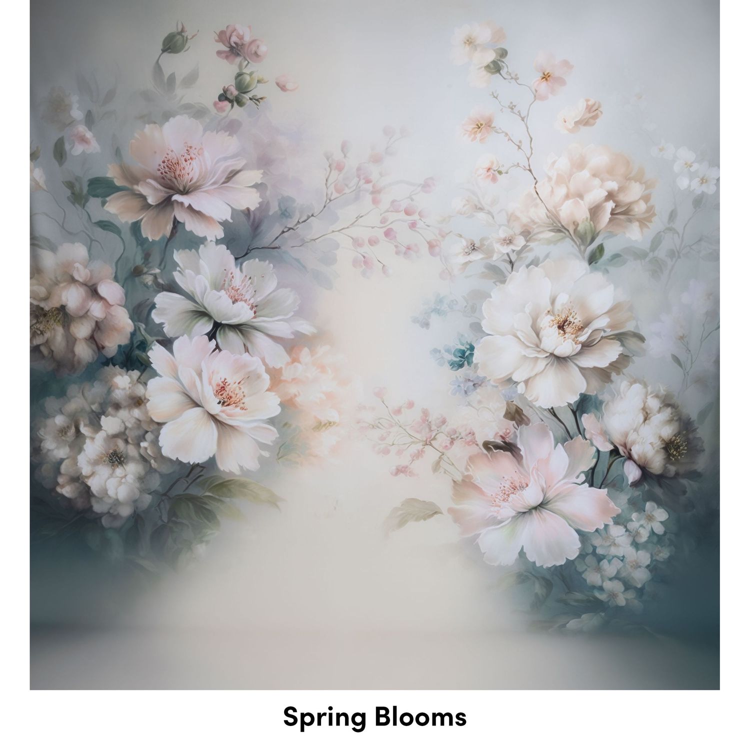 Dreamy floral arrangement with soft pink and white blooms against a misty gray background in vintage style.