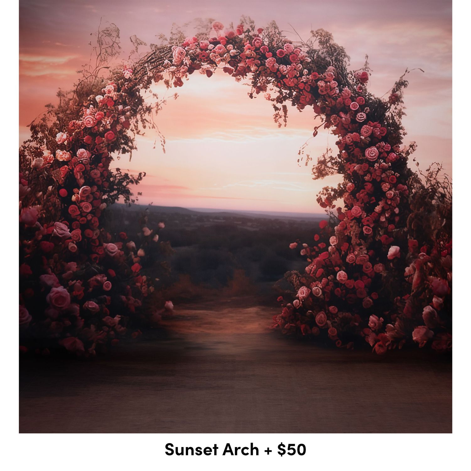 Sunset photography backdrop with red rose arches framing a dusky horizon view.