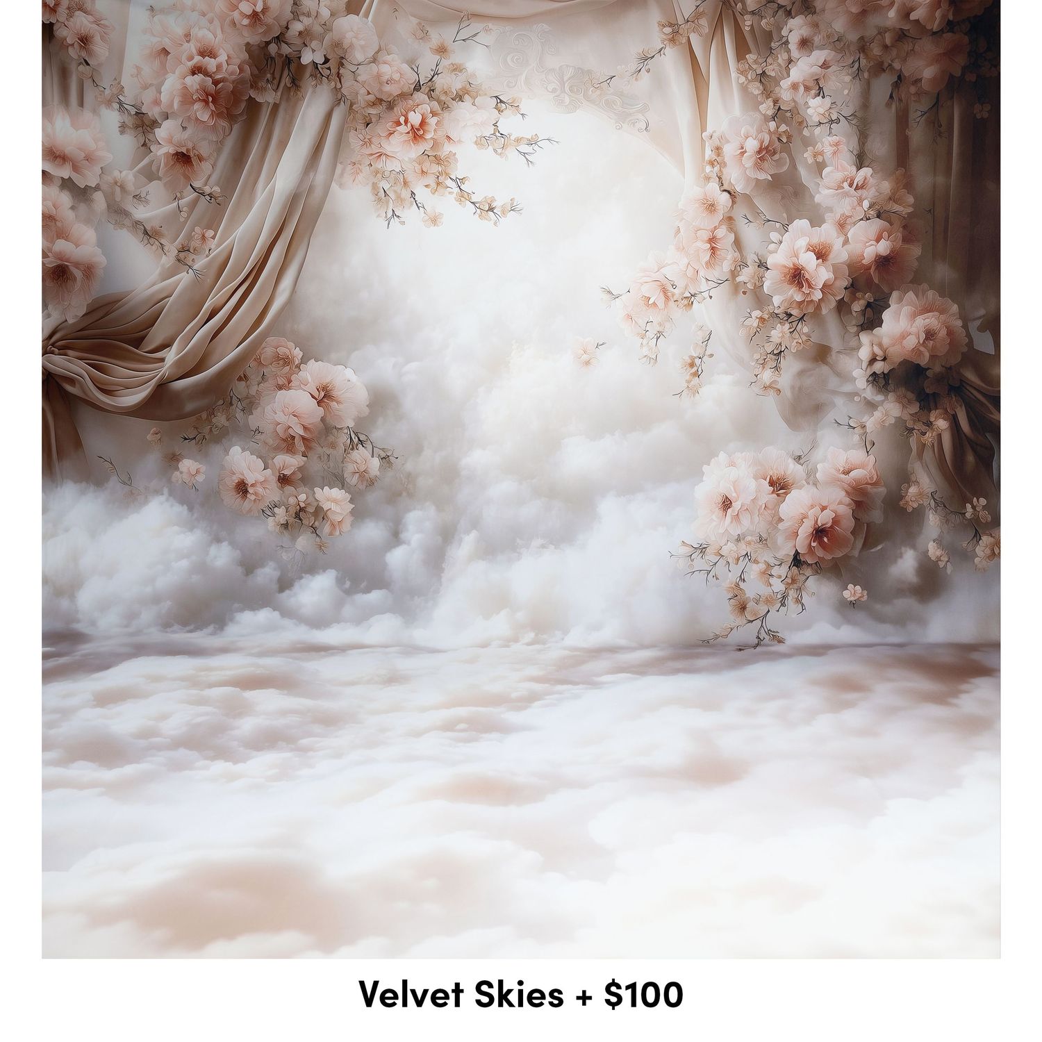 Dreamy photography backdrop with soft pink floral arrangements, draped fabric and ethereal cloudy atmosphere.