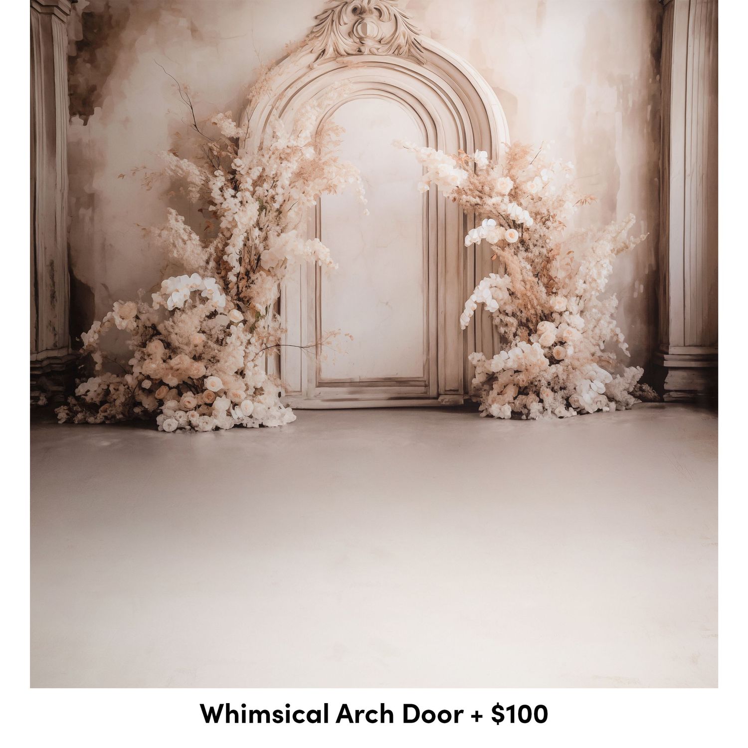 Elegant cream-colored archway with floral decorations in a luxurious interior setting creates a romantic backdrop.