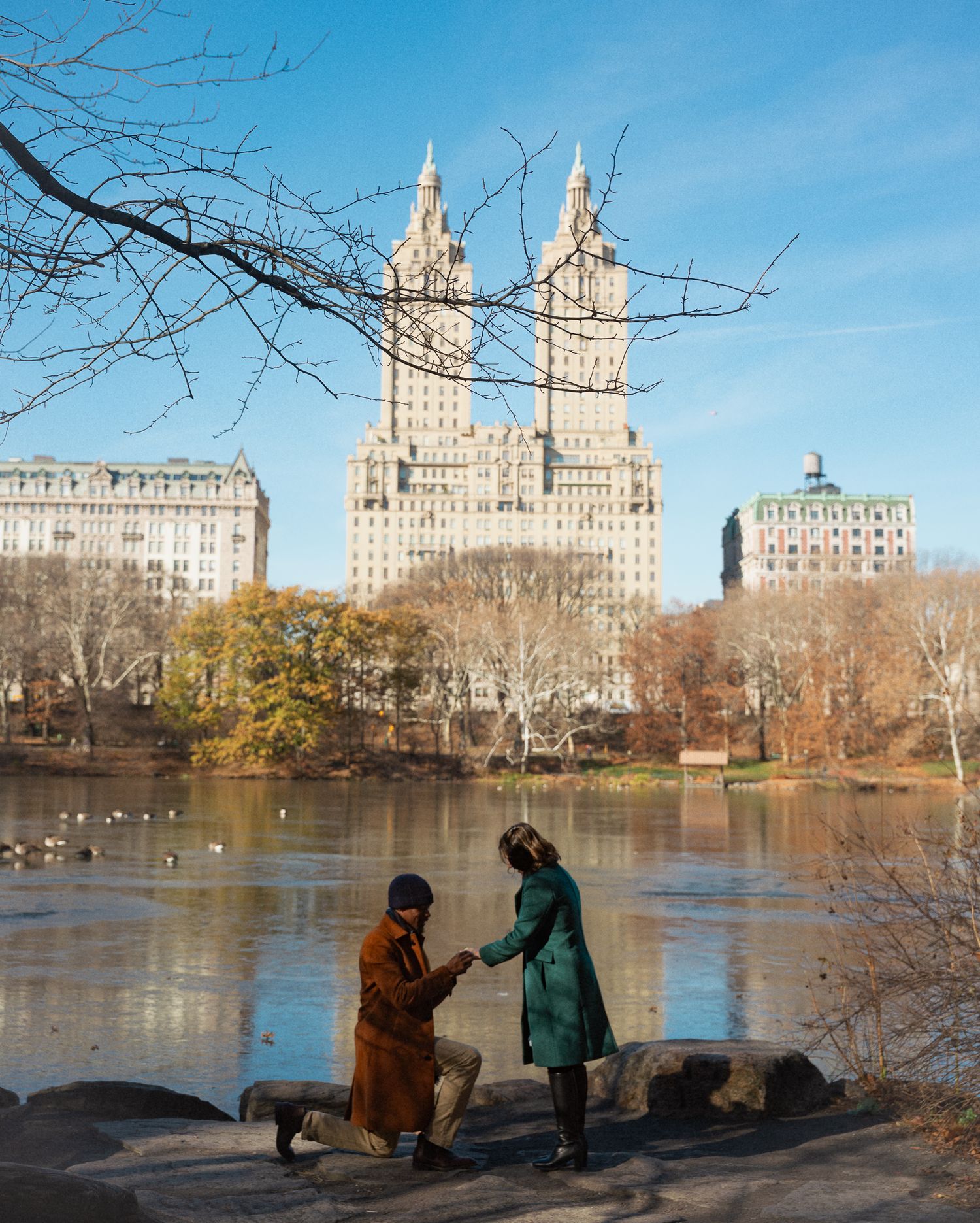 A romantic proposal scene in Central Park with the iconic San Remo towers in the background on a sunny winter day.