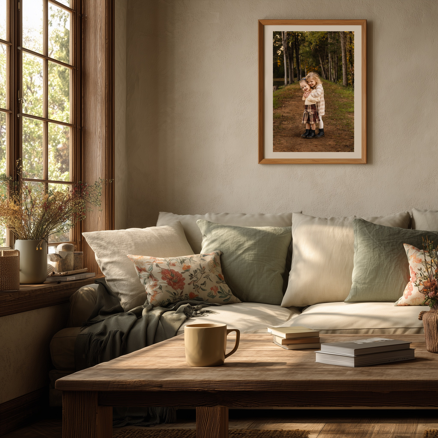 Photograph of sister hugging, captured by Charlottesville family and baby photographer, hangs on the wall of a cozy cottage living room.