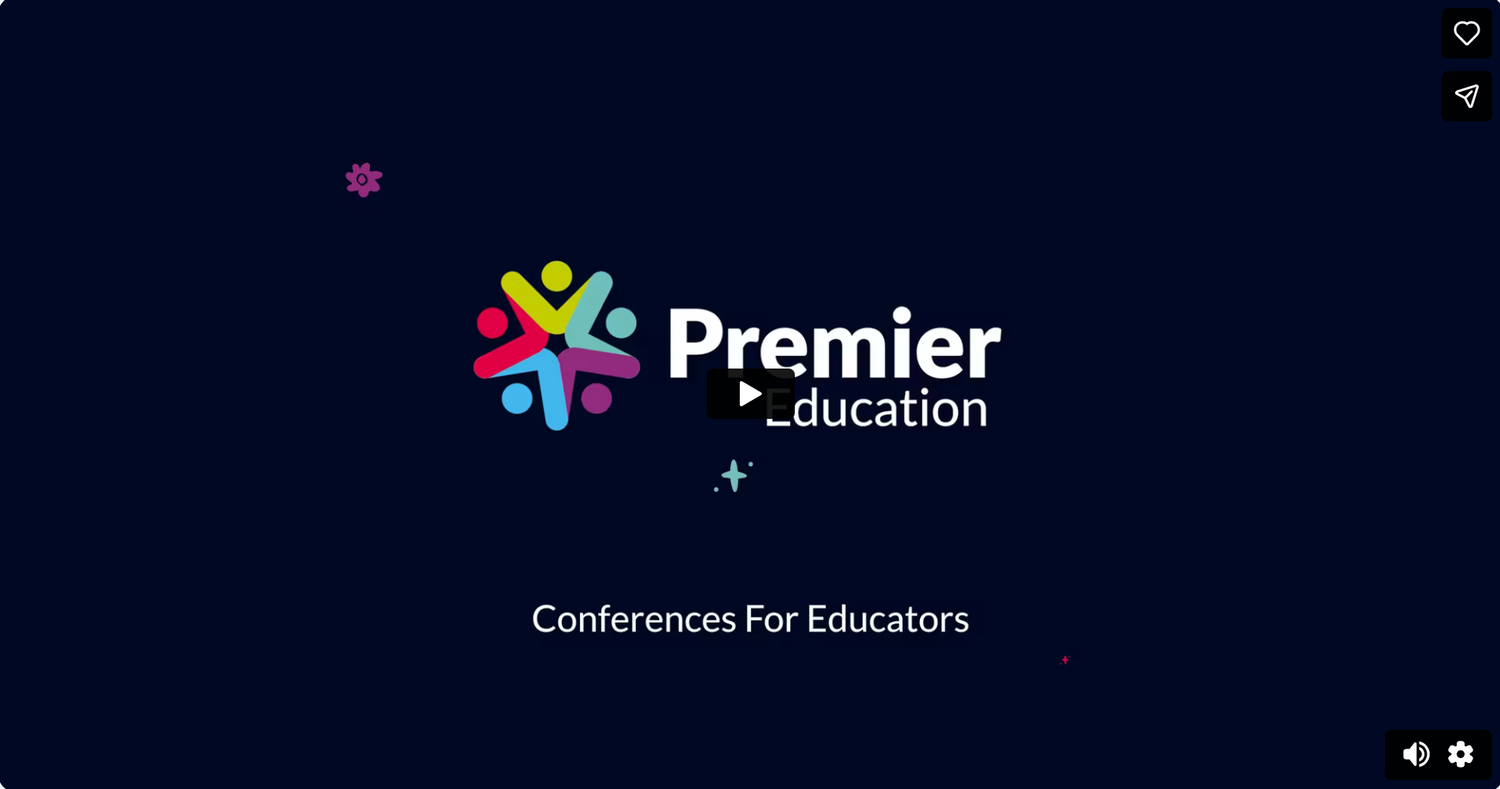 Premier Education logo with colorful star symbol and tagline 'Conferences For Educators' on dark background.