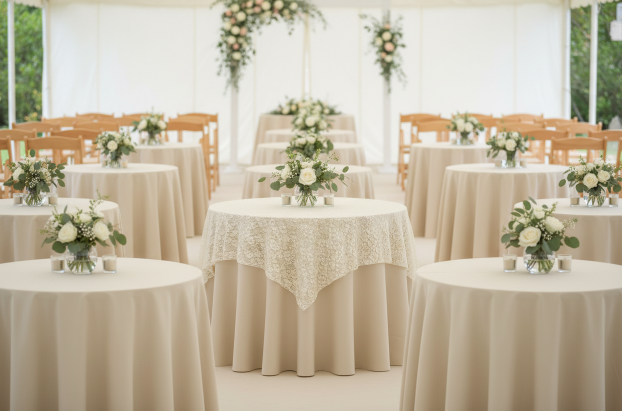Elegant wedding reception venue with white tablecloths and floral centerpieces arranged in a spacious banquet hall.