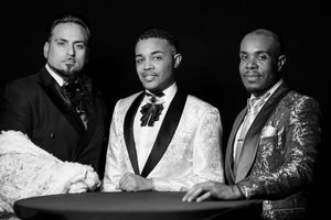 A black and white photo series showing several people in formal attire and bow ties posing together.